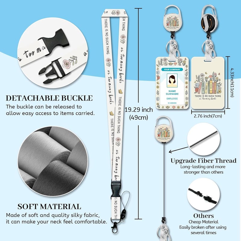 Hancynir Book Lover Lanyards for Id Badges, Cute Floral Teacher Badge Holder with Retractable Reel Clip, Work Name Tags Keychain Lanyard with ID Holder, Card Protector for Women Nurse Office Gifts - Image 4